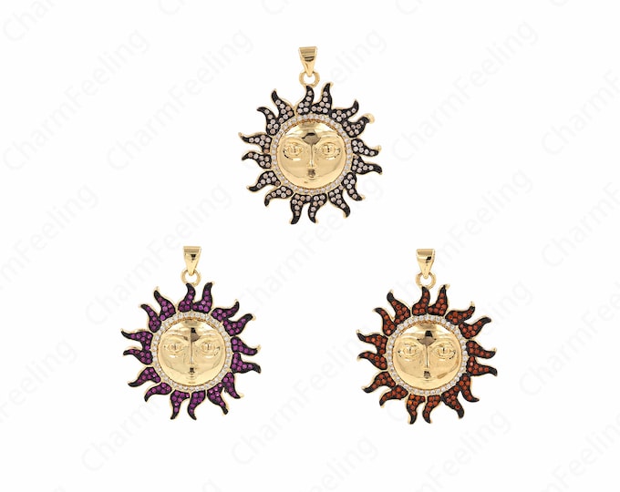 Micropavé CZ Sun Pendant,Sun Face Pendant, 18K Gold Filled Sunshine Necklace, Sun Charm, DIY Jewelry Accessories 35.5x30x5mm