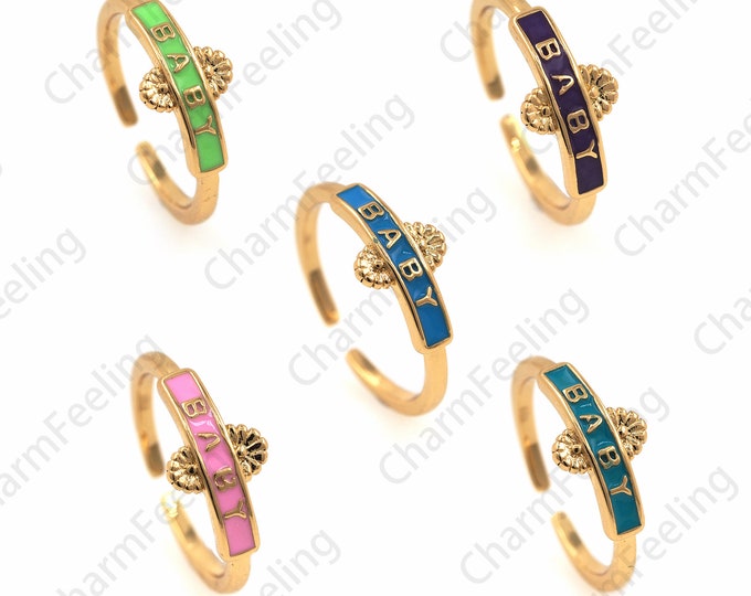 18K Gold Filled Baby Script Ring, Exquisite Gold Ring, Enamel Round Ring, Ring Charm, Adjustable Ring, Gold Open Ring 1PCS