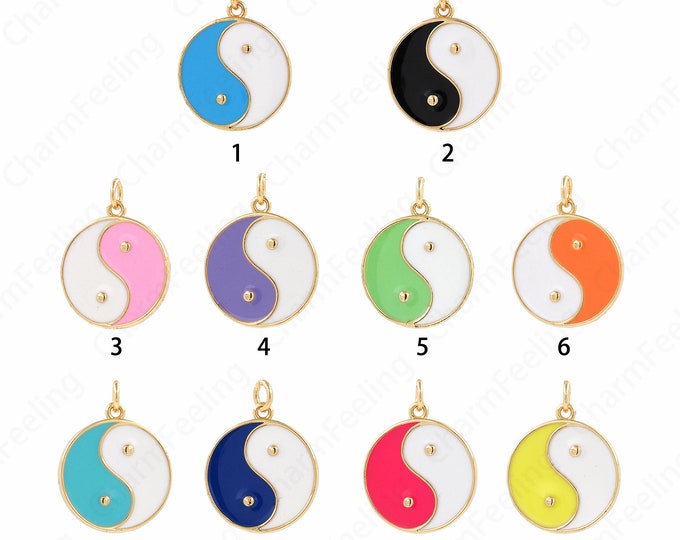 Tai Chi Necklace, 18K Gold Filled Taoist Pendant, Enamel Feng Shui Charm,Spirits Pendant, Tai Chi Charm, Enamel Charm, 24x18x2mm