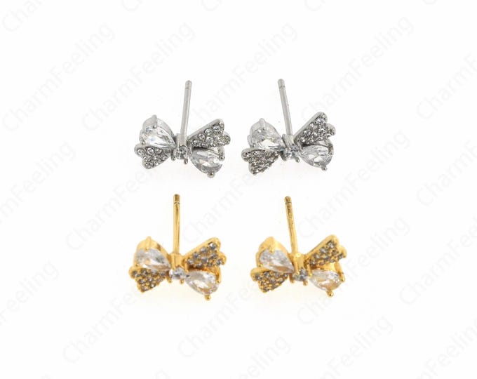 Micropavé CZ Bow Earrings,Pierced Earrings,18k Gold Filled Knotted Earrings,Gift for Her,Fashion Earrings, DIY Jewelry Supplies,12x8.5x4mm