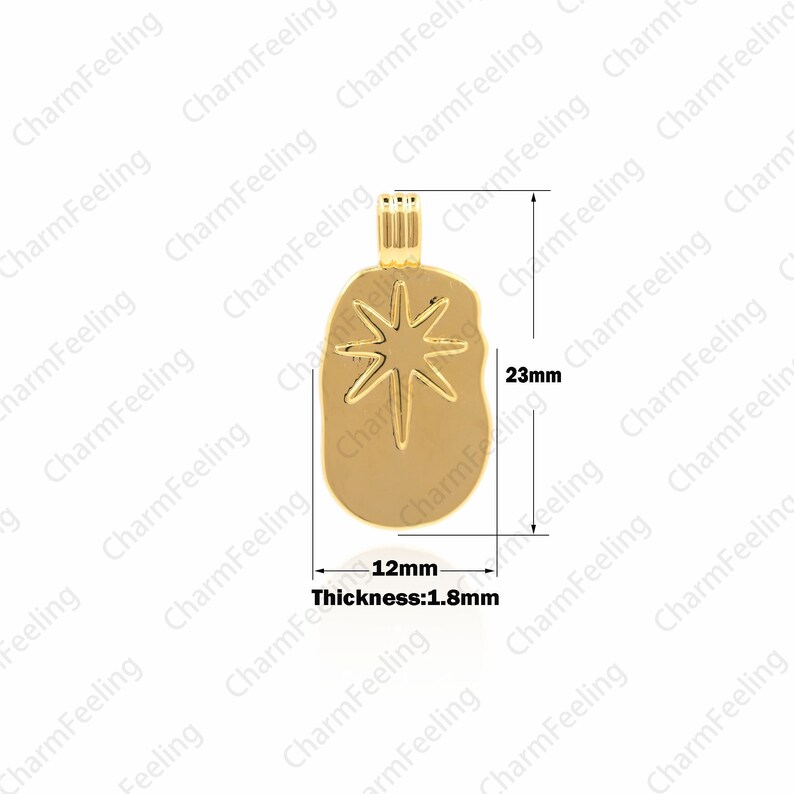 May include: Gold pendant charm with a starburst design. The pendant is 1.8 mm thick, 12 mm wide, and 23 mm tall.