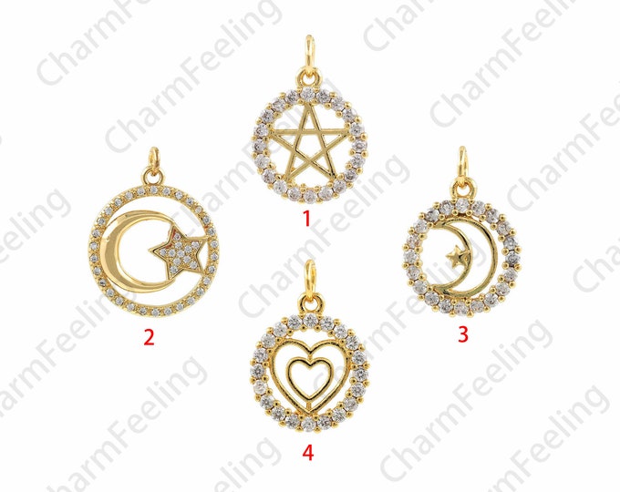18K Gold Filled Round Pendant, Heart Pendant, Micropavé CZ Crescent Pendant, Love Pendant, Polaris Charm, DIY Jewelry Accessories