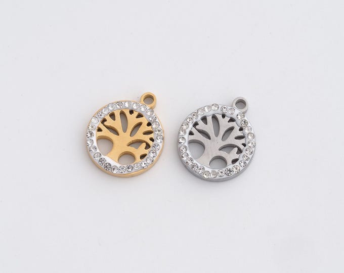 Stainless Steel Tree of Life Pendant,Round Charms,CZ Tree Charm, DIY Jewelry Supplies,13.7x11.6x2mm