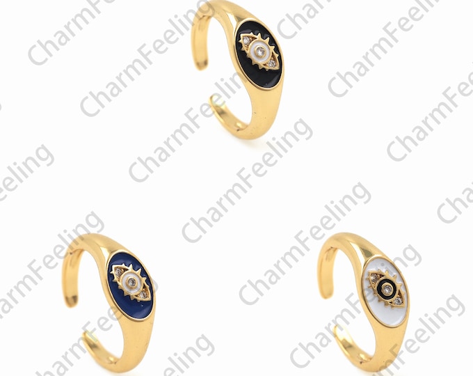 18K Gold Filled Eye Ring,Gold Open Ring,Round Ring,Adjustable Ring,Eye Ornament,Enamel Eye Ring,Enamel Pendant, Eye Pendant
