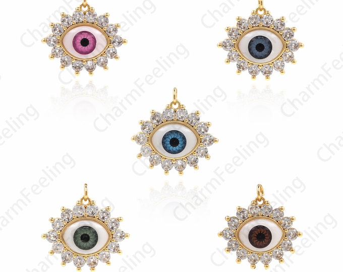 18K Gold Filled Micro-Pave Eye Pendant, CZ Eye Necklace, Eye Charm, Greek Eye Charm 25x25x7.5mm 1pcs