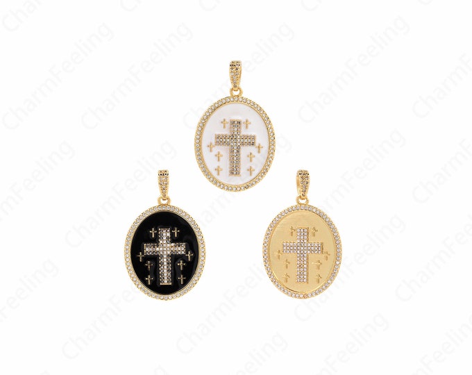 Enamel Cross Necklace, 18K Gold Filled Oval Pendant, Cross Charm, Religious Charm, Christian Charm, DIY Jewelry Accessories, 41x26x3mm