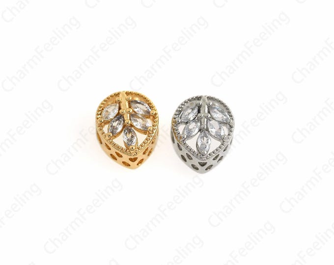 18K Gold Filled Leaf Spacer Beads, Micropavé CZ Large Hole Beads, Round Barrel Beads, DIY Bracelet Accessories, 11.2x9.6x6mm