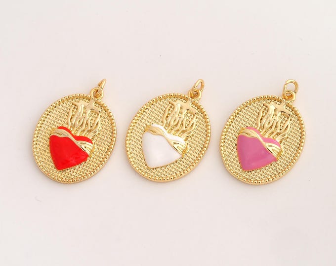 Enamel Sacred Heart Pendant,Heart Pendant,18K Gold Filled Sacred Heart Charm,DIY Jewelry Accessories,28.8x19.4x3.3mm