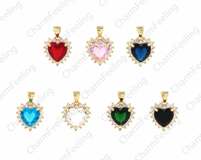 Dainty Necklace, Solitaire Pendant, Heart Pendant, Micropavé CZ Love Charm, 18K Gold Filled Heart Charm, DIY Jewelry Supplies, 15x20.5x6.5mm