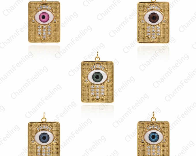 18K Gold Filled Eye Pendant, Square Eye Pendant, Hamsa Charm, Rectangular Hamsa Pendant,Micropavé CZ Square Hamsa Necklace, 34.5x22x7mm