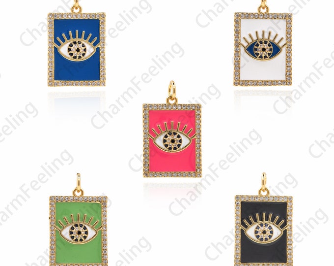 18K Gold Filled Enamel Eye Pendant, Square Magic Eye Necklace, Micropavé CZ Rectangular Eye Pendant, DIY Jewelry Accessories 24x15x3mm