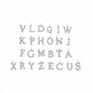 Colgante de letras, encanto inicial relleno de plata, encanto de letras Micropavé CZ 26, suministros de joyería diy, 12x8x2 mm