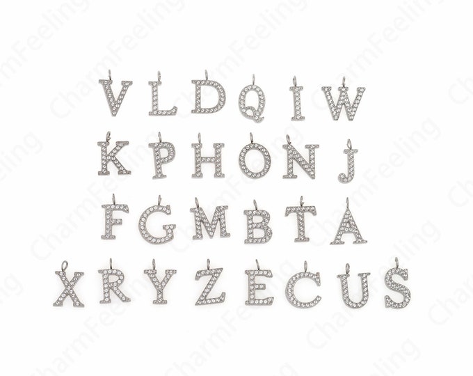 Letter Pendant,Silver Filled Initial Charm, Micropavé CZ 26 Letter Charm, DIY Jewelry Supplies, 12x8x2mm