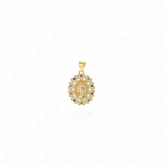 18K Gold Filled Virgin Mary Pendant, Micropavé Cubic Zirconia