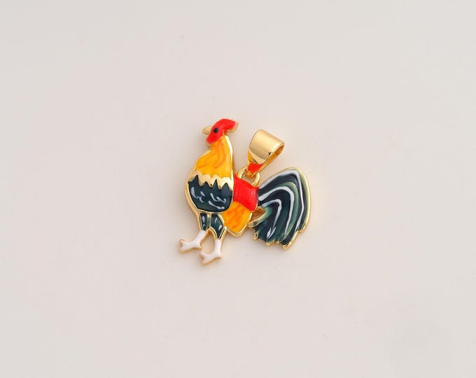 Enamel Rooster Pendant,Animal Pendant,18K Gold Filled Rooster Charm,DIY Jewelry Accessories,18.7x18x3mm