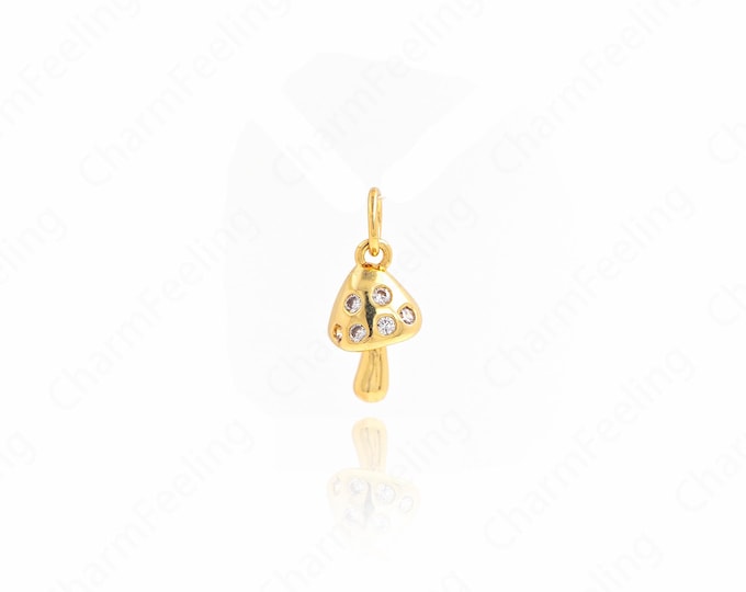 18K Gold Filled Mushroom Necklace, Mushroom Pendant, Gemstone Charm,Micropavé CZ Food Pendant, DIY Jewelry Supplies, 15.5x7x3.5mm
