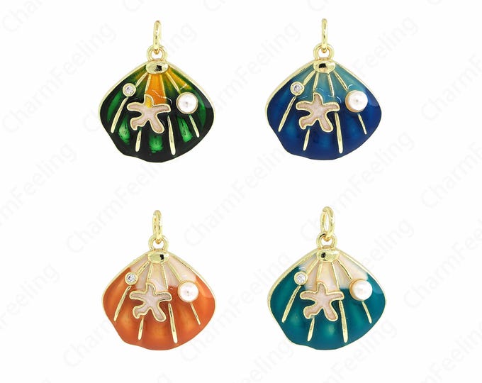 Micropavé CZ Beach Charm, Enamel Shell Pendant,18K Gold Filled Beach Necklace, Shell Necklace, Shell Charm, DIY Jewelry Supplies,21x17x4mm