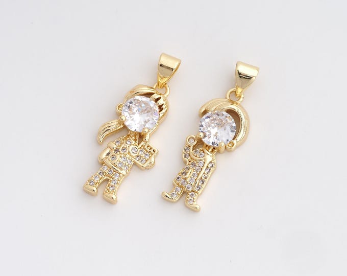 CZ Couple Pendant,Heart Pendant,18K Gold Filled Boy Girl Charm,DIY Jewelry Accessories,Boy:28.4x9.5x4.5mm Girl：28.4x11.7x4mm