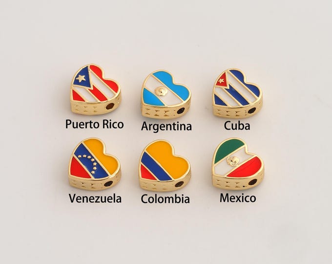 18K Gold Filled National Flag Spacer Beads,Enamel Heart Flag Beads,National Flag Beads,DIY Jewelry Supplies,10.6x11.4x5.4mm Hole 2.4mm