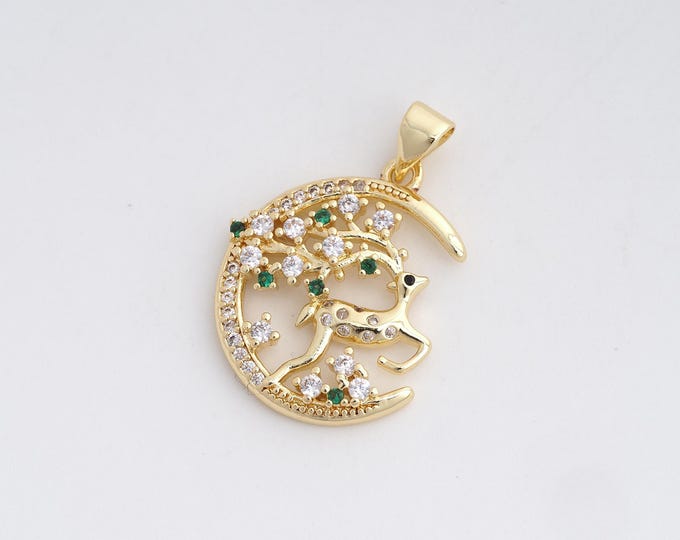 18K Gold Filled Reindeer Pendant,MicroPave CZ Round Deer Pendant, Fawn Necklace, Christmas Collection, Animal Charm 27.7x18.4x3.7mm