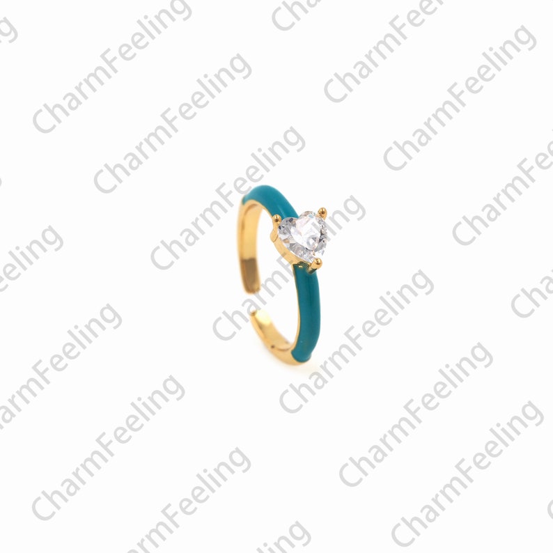 18K Gold Filled Enamel And Fake Diamond Ring, Micropavé CZ Simple Ring, Round Ring, Adjustable Ring, Gold Open Ring, A Gift For Her Blue