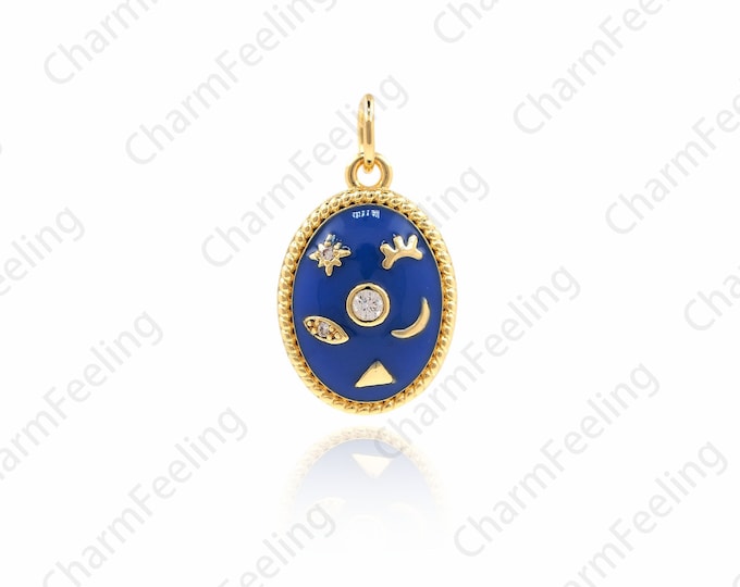 Enamel Blue Oval Star Pendant, Enamel Star Charm, Moon Pendant, Sun Pendant, Polar Star Pendant 20.3x11.3x4mm 1pcs
