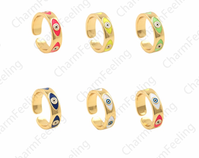 Eye Ring, 18K Gold Filled Wide Ring, Enamel Ring, Gold Open Ring, Adjustable Ring, Stackable Ring, Eye Ring, Enamel Charm