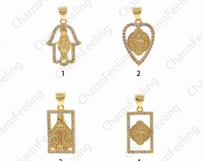 Madonna Pendant, Catholic Necklace,18K Gold Filled Rectangular Pendant, Heart Pendant,Hand Pendant, Charm of the Virgin Mary,Religious Charm