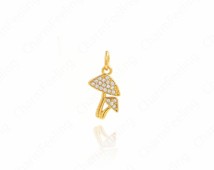 18K Gold Filled Mushroom Necklace, Mushroom Pendant, Gemstone Charm,Micropavé CZ Food Pendant, DIY Jewelry Supplies, 17x8.5x2mm