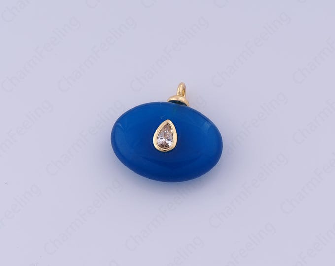 Blue Crystal Natural Stone Charm,18K Gold Filled Waterdrop Charm,Micropavé CZ Oval Pendant,DIY Jewelry Accessories,19.6x20x6mm