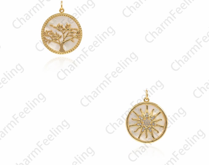 Sun Pendant, Pearl pendant, 18K Gold Filled Pearl Necklace, Micro-paved CZ Tree Pendant, Sun Charm, DIY Jewelry Accessories 28x22x3mm