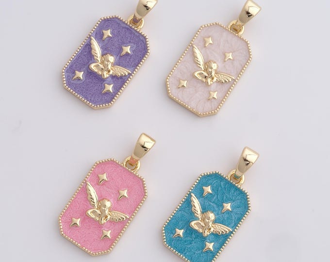 Enamel Cupid Pendant, 18K Gold Filled Angel Charm,Square Charms,DIY Jewelry Supplies, 29.6x14x3mm