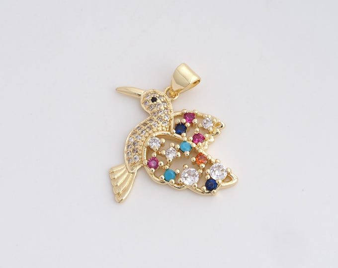 Bird Charm,Animal Pendant, 18K Gold Filled Bird Pendant, Hummingbird Necklace,Animal Charm,Micropavé Cubic Zirconia Jewelry 25x24.3x3.8mm
