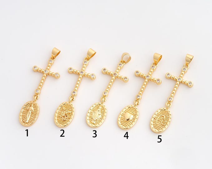 CZ Fe Heart Jesus Pendant,Religious Pendant,18K Gold Filled San Miguel Virgin Mary Charm,DIY Jewelry Accessories,44.2x14.8x2.6mm
