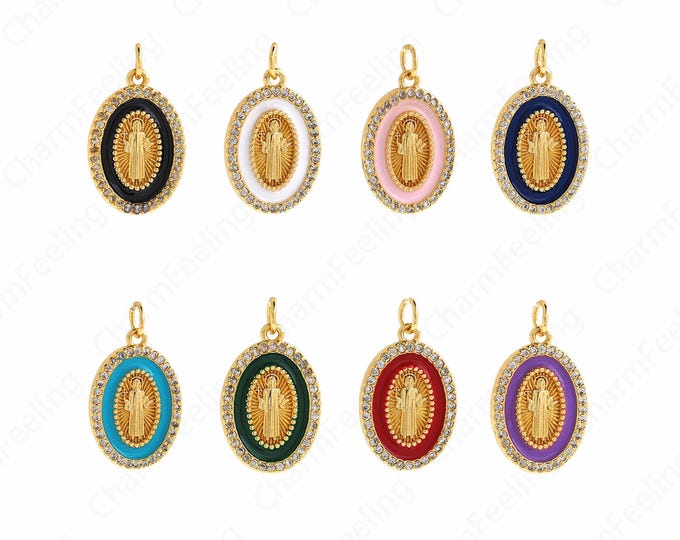 Micropavé CZ Christian Charm,Enamel Jesus Pendant, 18K Gold Filled Oval Charm, Religious Charm, DIY Jewelry Supplies, 20.5x14x2.2mm