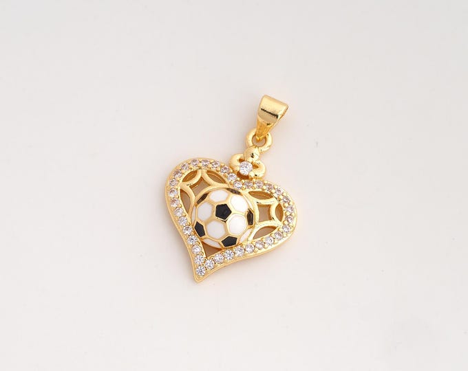 CZ Heart Pendant,Enamel Football Pendant,18K Gold Filled Sports Charm,DIY Jewelry Accessories,27.8x18.4x6mm
