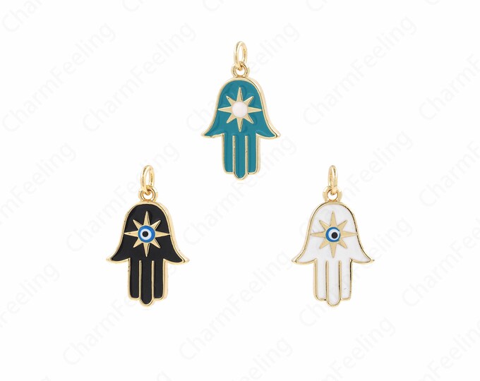 18K Gold Filled Hand Necklace, Enamel Pendant,Micropavé CZ Hamsa Necklace, Hamsa Pendant,DIY Jewelry Accessories, 24x14.5x2.5mm