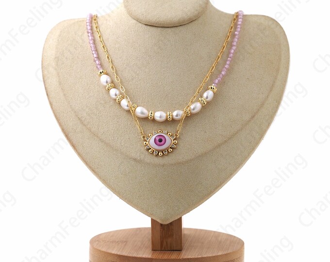 Micropavé CZ Enamel Eye Necklace, Freshwater Pearl Necklace, 18K Gold Filled Spacer Bead Necklace, Gift For Her, Everyday Necklace,43cm