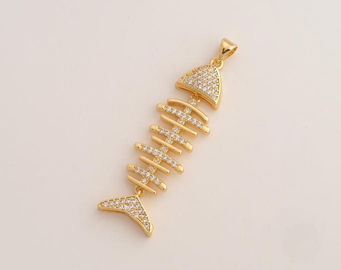 CZ Fishbone Pendant,Fishbone Pendant,18K Gold Filled Fishbone Charm,DIY Jewelry Accessories,50.7x14x4mm