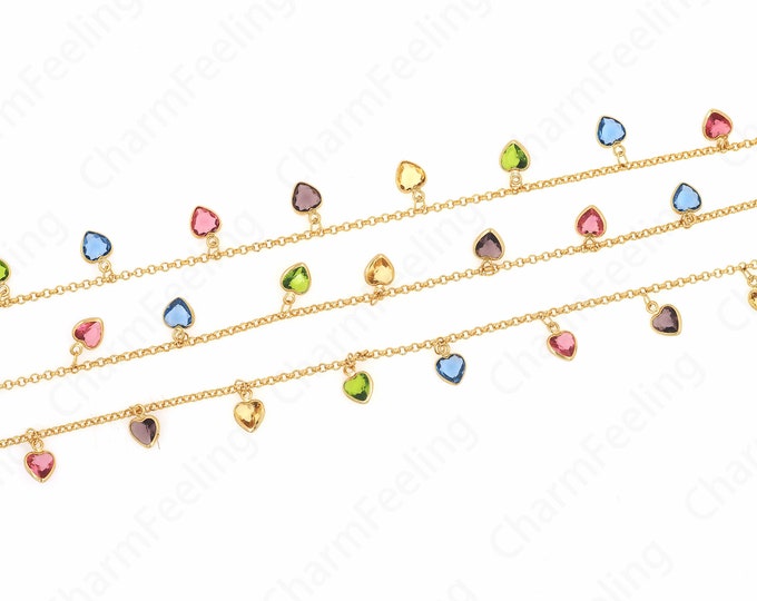 18K Gold Filled Heart Chain,Micropavé CZ Rainbow Chain,Semi-Finished Chain,DIY Jewelry Necklace Bracelet Making Chain,6.5x3.2x9.5mm