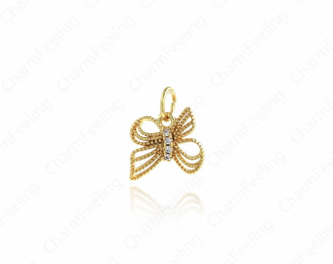 Gold Bow Necklace, Bow Pendant, Micropavé CZ Knot Charm, 18K Gold Filled Bow Charm, DIY Jewelry Supplies, 12.8x10.8x2mm