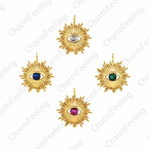 Sun Eye Pendant, Sun Charm, Micropavé CZ Sunshine Necklace, 18K Gold Filled with Devil&#39;s Eye Charm, DIY Jewelry Accessories, 16x18x2.5mm