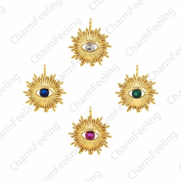 Sun Eye Pendant, Sun Charm, Micropavé CZ Sunshine Necklace, 18K Gold Filled with Devil's Eye Charm, DIY Jewelry Accessories, 16x18x2.5mm