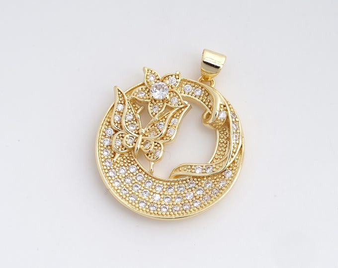 Insect Pendant,18K Gold Filled Round Butterfly Necklace,Butterfly Charm,Disc Gold Coin Pendant,Round Charm,DIY Accessories,31.6x25x4.5mm