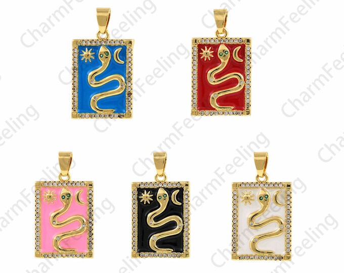 18K Gold Filled Snake Pendant, Enamel Charm, Rectangular Reptile Necklace, Micropavé CZ Animal Pendant, Snake Charm, 17.5x32x2.2mm