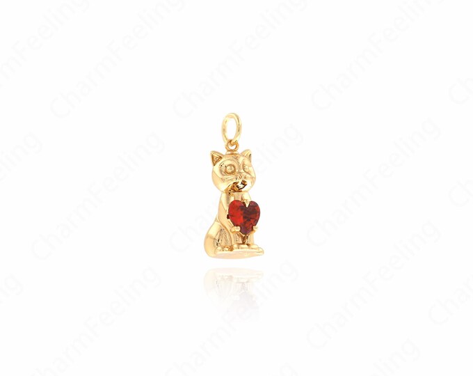 18K Gold Filled Cat Pendant, Micropavé CZ Cat Necklace, Cute Jewelry, Animal Pendant, Animal Charm, DIY Jewelry Accessories, 21x7.5x9mm