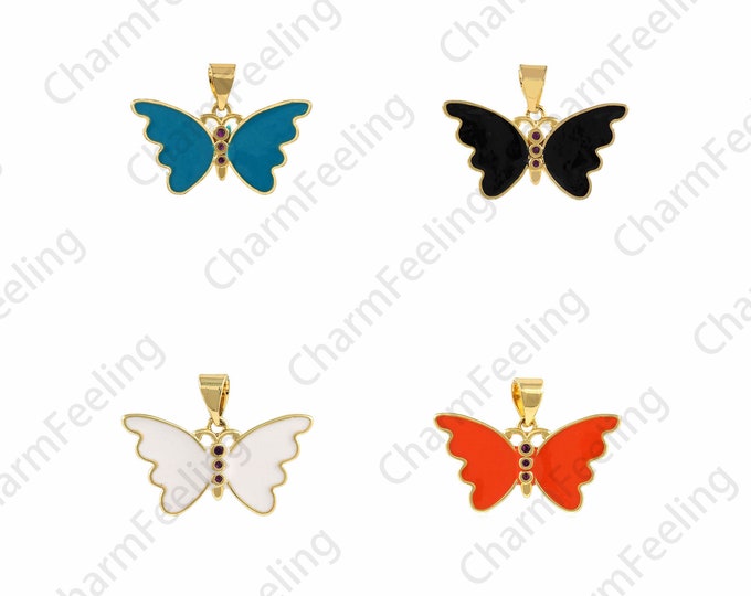 Butterfly Pendant, 18K Gold Filled Butterfly Necklace, Enamel Charm, Enamel Butterfly Pendant, Flying Charm, Insect Charm, 22.5x16.5x1.5mm