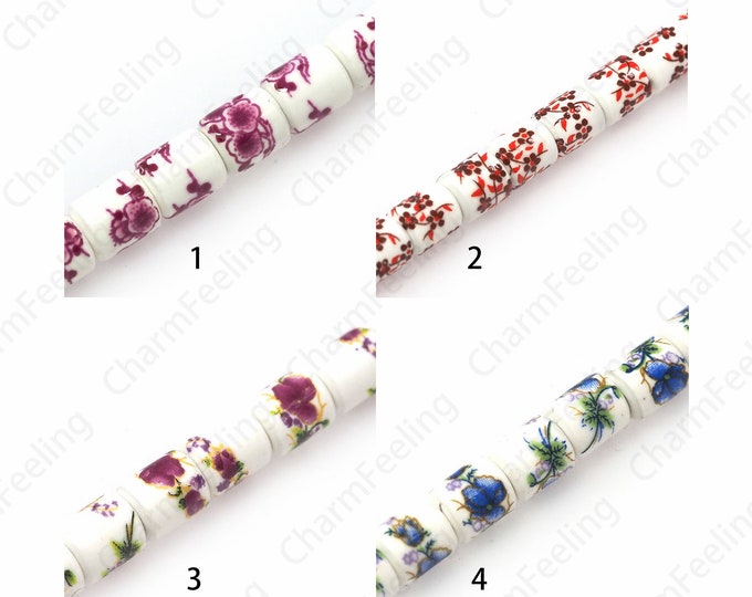 Cylindrical Ceramic Beads,Tube Beads, Painted Ceramic Flower Beads,Hand Painted Ceramic,Plant Beads, DIY Jewelry Supplies, 6x8mm