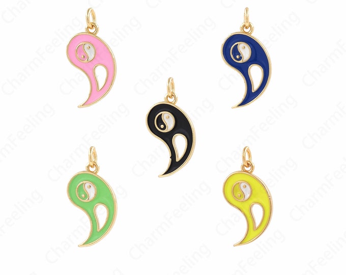 Tai Chi Charm, Enamel Charm, Tai Chi Necklace, 18K Gold Filled Taoist Pendant, Enamel Feng Shui Charm,Spirits Pendant, 22.5x10x2mm