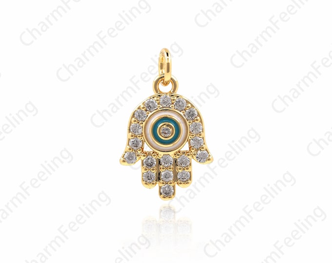 Micro-Pave Enamel Hamsa Pendant, Eye Hamsa Necklace. Hamsa Charm Exquisite Necklace, DIY Jewelry Making 20.5x12.5x3.2mm 1pcs